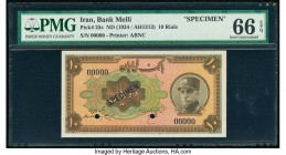 Iran Bank Melli 10 Rials ND (1934) / AH1313 Pick 25s Specimen PMG Gem Uncirculated 66 EPQ. Specimen overprint and two POCs.

HID09801242017

© 2020 He...