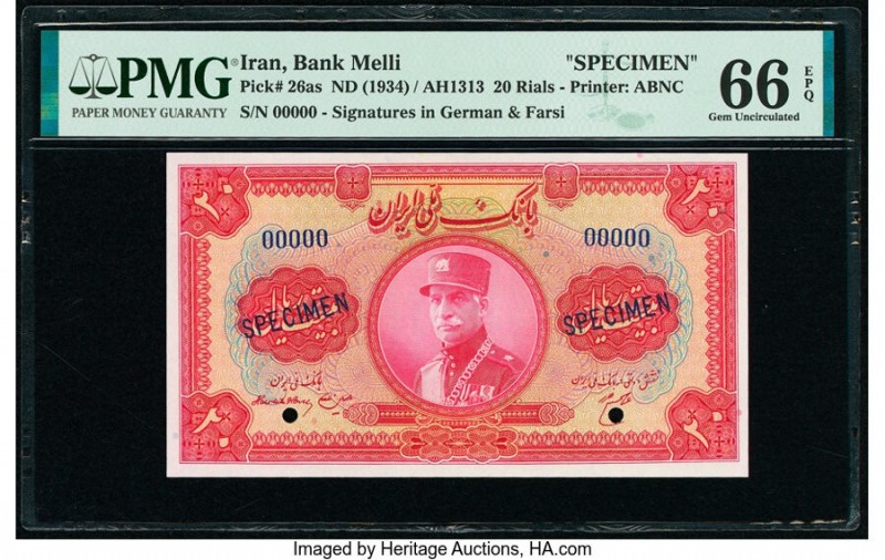 Iran Bank Melli 20 Rials ND (1934) / AH1313 Pick 26as Specimen PMG Gem Uncircula...