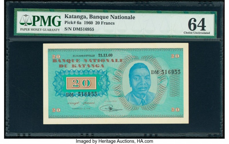 Katanga Banque Nationale du Katanga 20 Francs 21.11.1960 Pick 6a PMG Choice Unci...