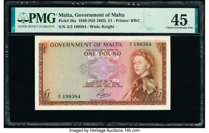 Malta Government of Malta 1 Pound 1949 (ND 1963) Pick 26a PMG Choice Extremely F...