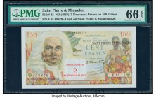 Saint Pierre and Miquelon Caisse Centrale de la France d'Outre-Mer 2 Nouveaux Francs on 100 Francs ND (1963) Pick 32 PMG Gem Uncirculated 66 EPQ. 

HI...