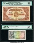 Spain Banco de Espana 5 Pesetas 1943 Pick 127a PMG About Uncirculated 55 EPQ; Tonga Government of Tonga 4 Shillings 1945 Pick 9a PMG Very Fine 30. 

H...