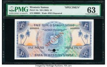 Western Samoa Bank of Western Samoa 1 Pound ND (1963) Pick 14s Specimen PMG Choice Uncirculated 63. One POC, minor foreign substance.

HID09801242017
...