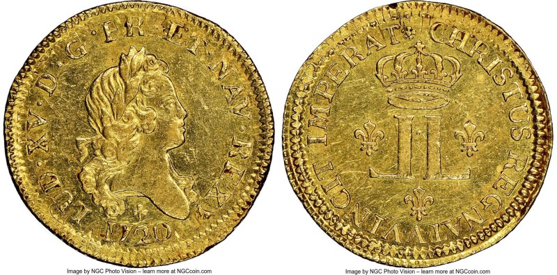 Louis XV gold Louis d'Or aux 2 L 1720-A UNC Details (Cleaned) NGC, Paris mint, K...