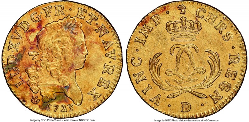 Louis XV gold Louis d'Or Mirliton 1723-D UNC Details (Saltwater Damage) NGC, Lyo...