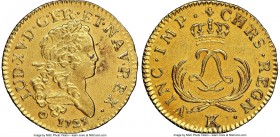 Louis XV gold Louis d'or Mirliton 1723-K UNC Details (Saltwater Damage) NGC, Bordeaux mint, KM468.8, Gad-338 (R). Short palms variety. Bold devices wi...