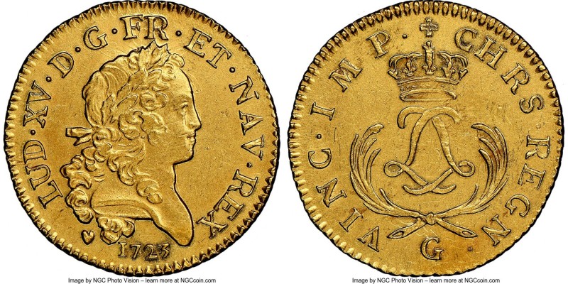 Louis XV gold Louis d'Or Mirliton 1723-G UNC Details (Saltwater Damage) NGC, Poi...