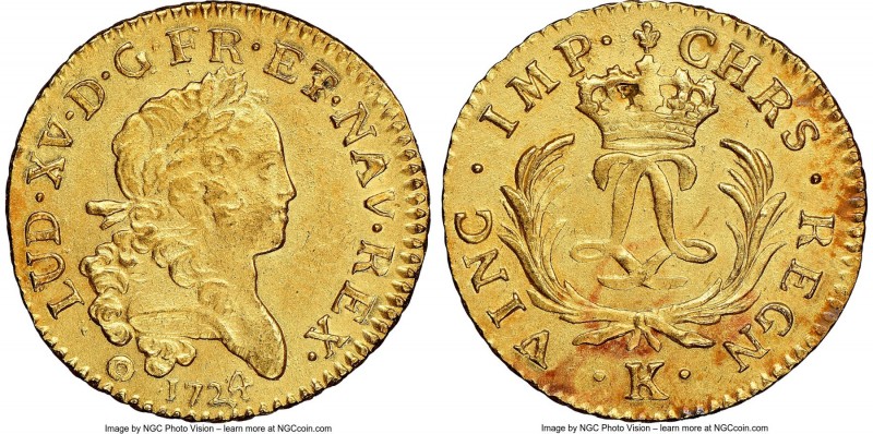 Louis XV gold Louis d'Or Mirliton 1724-K UNC Details (Saltwater Damage) NGC, Bor...