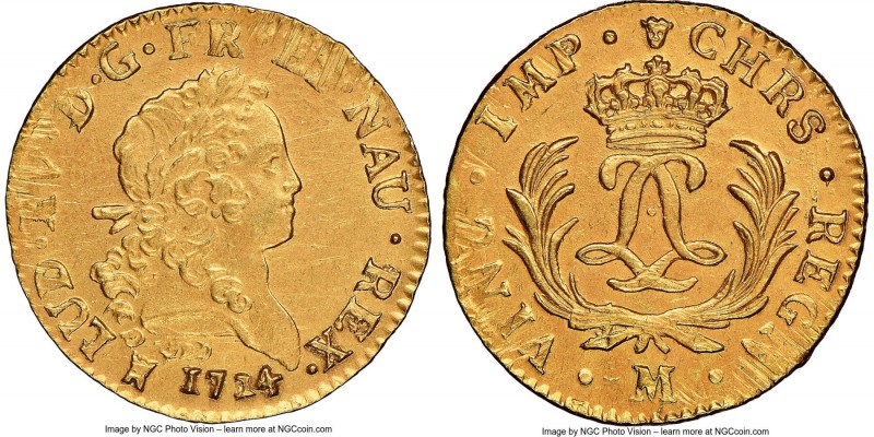 Louis XV gold Louis d'Or Mirliton 1724-M UNC Details (Saltwater Damage) NGC, Tou...