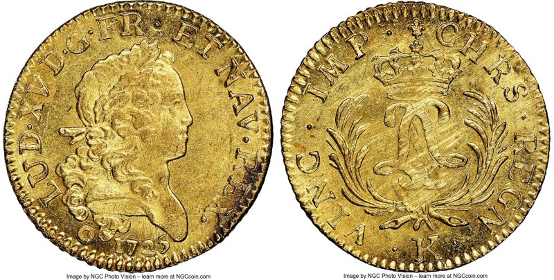 Louis XV gold Louis d'Or Mirliton 1725-K MS63 NGC, Bordeaux mint, KM470.10, Gad-...