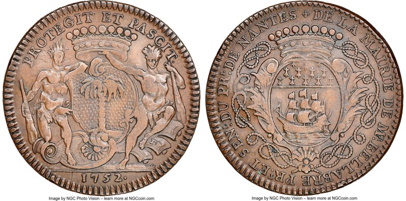 "Nantes-Port des Antilles" copper Franco-American Jeton 1752-Dated VF35 Brown NG...