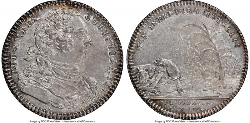 Louis XV silver Franco-American Jeton 1754-Dated AU Details (Mount Removed) NGC,...