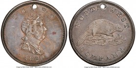 Northwest Company copper Holed Token 1820 AU58 Brown NGC, Br-925 (R5), FT-10B, Robins-29106. Engrailed edge (The Charlton Catalog designation of "reed...