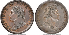 Nova Scotia. George IV Mint Error - Obverse Brockage 1/2 Penny Token ND (1832) AU58 Brown NGC, Br-871, NS-1D3. Engrailed edge. Equal ribbons. Superb o...