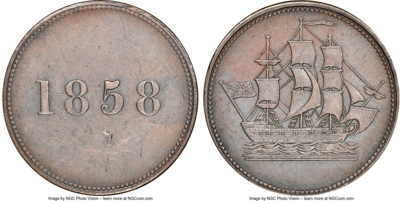 Newfoundland "Ship/1858" 1/2 Penny Token 1858 AU58 Brown NGC, Br-954 (R4), NF-3A...