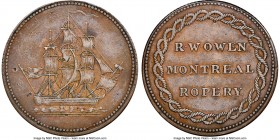 Lower Canada copper "Montreal Ropery" 1/2 Penny Token ND (1828) AU Details (Damaged) NGC, Br-564, LC-18. Engrailed edge. Medal alignment. Superb detai...