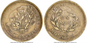 Lower Canada. Bank of Montreal brass "Bouquet Sou" Token ND (1835) AU50 NGC, Br-674, LC-40A10. Reeded edge. Medal alignment. Struck over LC-60-15, a m...