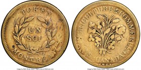 Lower Canada brass Overstruck "Bouquet" Sou ND (1835) F15 NGC, Br-674, LC-40A10. Plain edge. Medal alignment. Struck over a North American Token (cf. ...