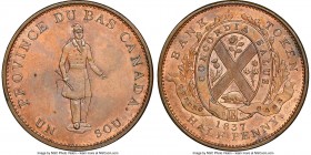 Lower Canada. Quebec Bank "Habitant" 1/2 Penny Token 1837 MS63 Brown NGC, Br-522, LC-8B1. Plain edge. Medal alignment. V and I in line variety. Sold w...