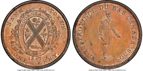 Lower Canada. City Bank "Habitant" Penny Token 1837 MS63 Brown NGC, Br-521, LC-9A3. Plain edge. Medal alignment. Period after Canada. Well struck with...