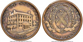Lower Canada. Bank of Montreal "Side View" 1/2 Penny Token 1838 AU55 Brown NGC, Br-524, LC-10A3. Plain edge. Medal alignment. Left fence has 11 paling...