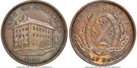 Lower Canada. Bank of Montreal "Side View" 1/2 Penny Token 1839 AU55 Brown NGC, Br-524, LC-10B1. Plain edge. Coin alignment. Roof points to "L." Left ...