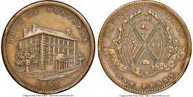 Lower Canada. Bank of Montreal "Side View" Penny Token 1838 AU53 Brown NGC, Br-523, LC-11A2. Plain edge. Coin Alignment. Wide tail does not touch "M."...