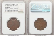 Blacksmith copper 1/2 Penny Token Certified Genuine by NGC, BL-22 (Extremely Rare), HW-253. The obverse shows a decent image of a tall, thin bust faci...
