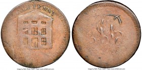 Blacksmith copper "Warehouse/J.B." 1/2 Penny Token ND XF40 Brown NGC, BL-31, Courteau-360. Plain edge. The reverse is rotated 90 degrees counter-clock...
