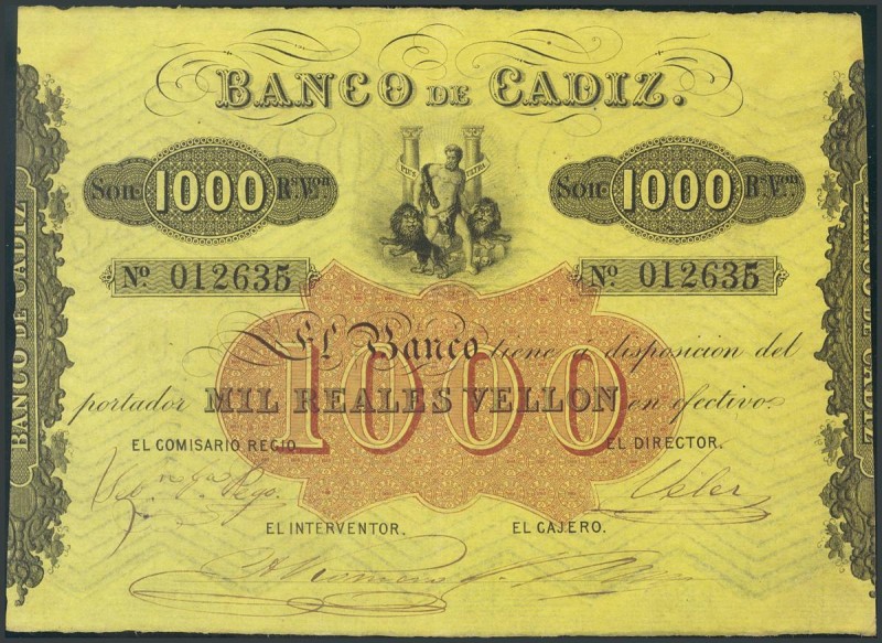 1000 Reales de Vellón, III Emisión. 25 de Julio de 1847. Banco de Cádiz. (Edifil...