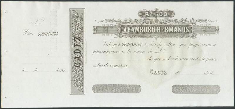500 Reales de Vellón. (1870ca). Aramburu Hermanos, Cádiz (matriz a la izquierda)...