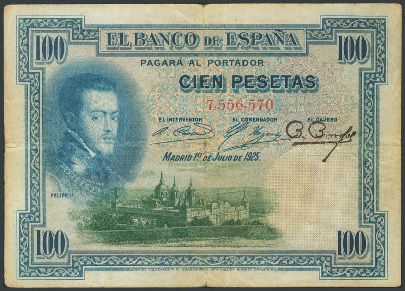 100 Pesetas. 1 de Julio de 1925. Con sello en seco "Gobierno Provisional". Sin s...