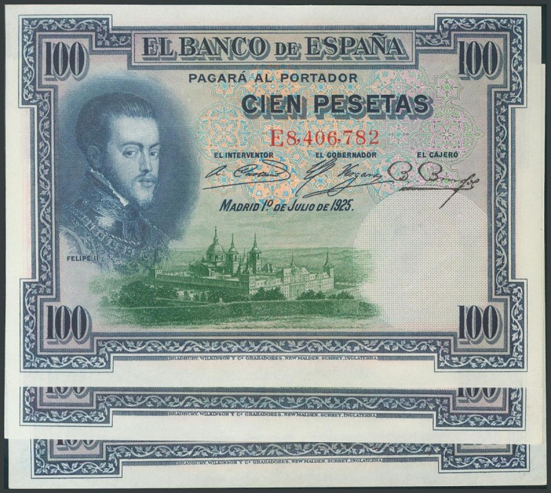 Conjunto de 3 billetes de 100 Pesetas emitidos el 1 de Julio de 1925, con las se...