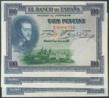 Conjunto de 3 billetes de 100 Pesetas emitidos el 1 de Julio de 1925, con las series E (2) y D, respectivamente. (Edifil 2017: 350). Apresto original....