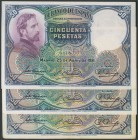 Conjunto de 3 billetes de 50 Pesetas de la emisión del 25 de Abril de 1931. Sin serie. (Edifil 2017: 359), dos de ellos con parte de apresto original....