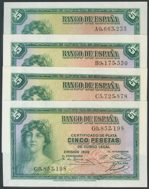 Conjunto de 4 billetes de 5 Pesetas emitidos en 1935 y con las series A, B, C y ...