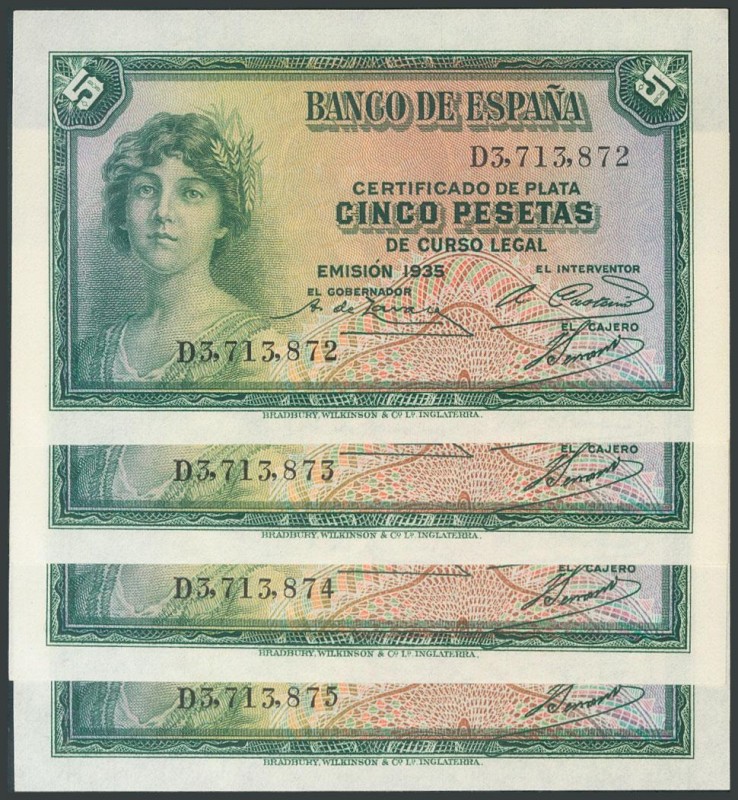 Conjunto de 4 billetes correlativos de 5 Pesetas emitidos en 1935, con la serie ...