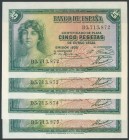 Conjunto de 4 billetes correlativos de 5 Pesetas emitidos en 1935, con la serie C. (Edifil 2017: 363a). SC-.