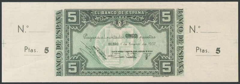 5 Pesetas. 1 de Enero de 1937. Sucursal de Bilbao, antefirma Caja de Ahorros y M...