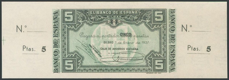 5 Pesetas. 1 de Enero de 1937. Sucursal de Bilbao, antefirma Caja de Ahorros Viz...