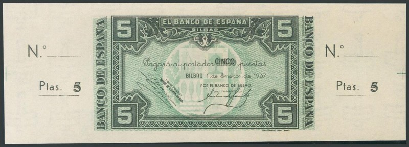 5 Pesetas. 1 de Enero de 1937. Sucursal de Bilbao, antefirma Banco de Bilbao. Si...