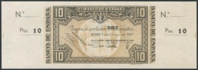 10 Pesetas. 1 de Enero de 1937. Sucursal de Bilbao, antefirma Caja de Ahorros y Monte de Piedad de Bilbao. Sin serie y sin numeración, con ambas matri...