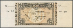 25 Pesetas. 1 de Enero de 1937. Sucursal de Bilbao, antefirma Banco Urquijo Vascongado. Sin serie y sin numeración, con ambas matrices. (Edifil 2017: ...