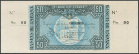 50 Pesetas. 1 de Enero de 1937. Sucursal de Bilbao, antefirma Banco de Vizcaya. Sin serie y sin numeración, con ambas matrices. (Edifil 2017: 389b). S...