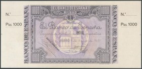 1000 Pesetas. 1 de Enero de 1937. Sucursal de Bilbao, antefirma Banco Central. Sin serie y sin numeración, con ambas matrices. (Edifil 2017: NE27b). S...