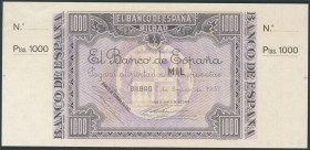 1000 Pesetas. 1 de Enero de 1937. Sucursal de Bilbao, antefirma Banco de Vizcaya. Sin serie y sin numeración, con ambas matrices. (Edifil 2017: NE27g)...
