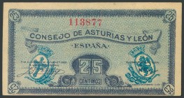 25 Céntimos. 1937. Asturias y León. Sin serie. (Edifil 2017: 394). Presenta parte del apresto original. EBC+.