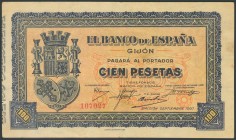 100 Pesetas. Septiembre 1937. Banco de España, sucursal de Gijón. Sin serie. (Edifil 2017: 399). MBC.
