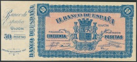 50 Pesetas NO EMITIDO. Septiembre 1937. Banco de España, Gijón. Sin serie, con matriz a la izquierda y numerado para su uso. (Edifil 2017: NE33). Rarí...