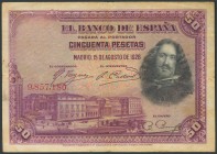 50 Pesetas. 15 de Agosto de 1928. Sin serie y con sello estampado Estado Español / Burgos. (Edifil 2017: 407). BC+.